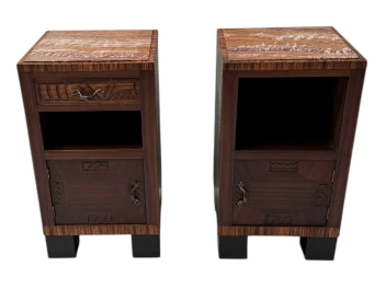 Two Art Deco Nightstands or Bedside Tables with Multi-Colored Marble Tops, 1930s